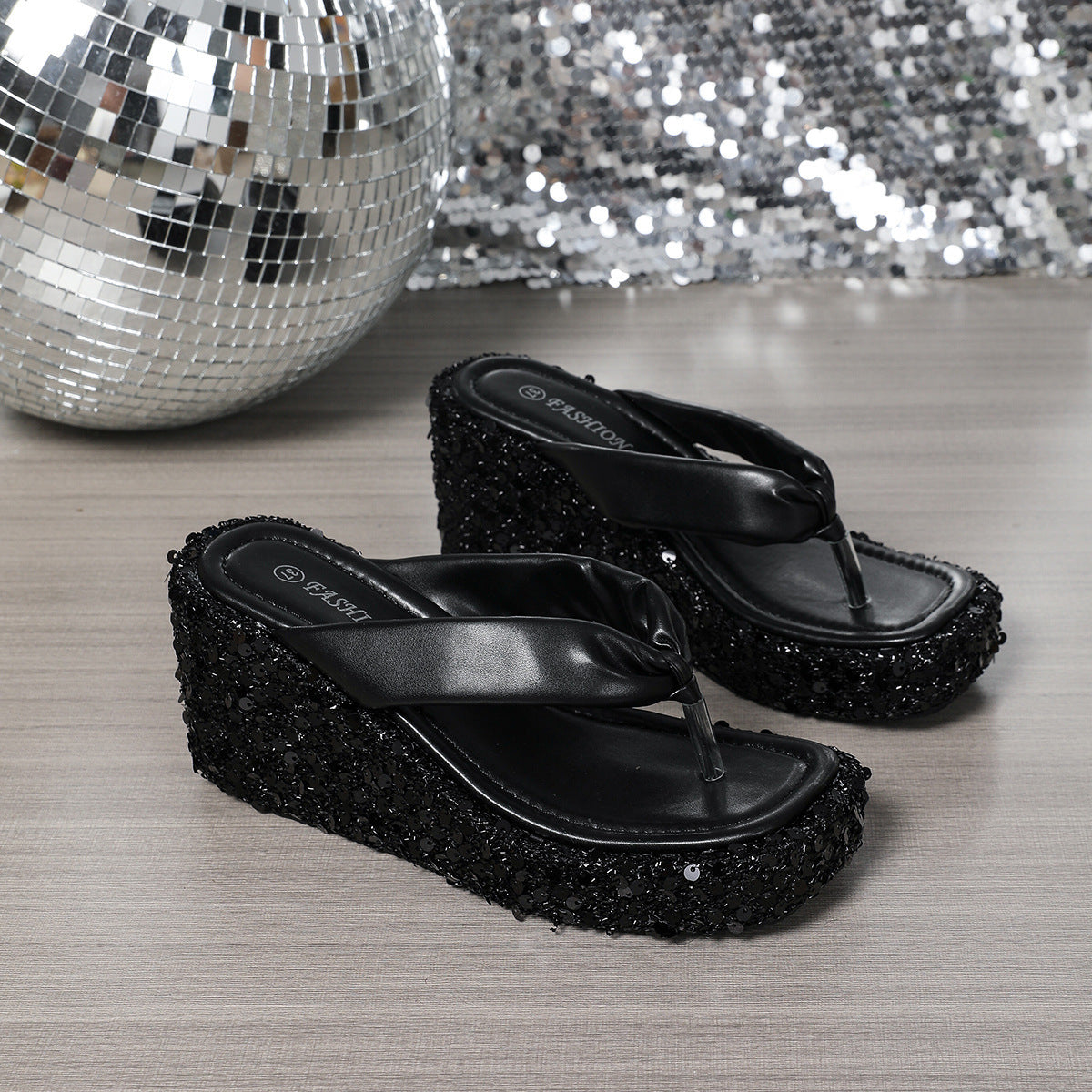 New High Heels Wedge Sandals With Sequins Shiny Height Increasing Platform Flip Flops Women's Thick Bottom Shoes Beach Summer