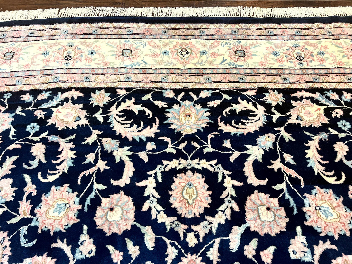 USED Indo Persian Rug 9x12, Navy Blue and Ivory/Cream, Floral Allover, Wool Vintage Handmade Carpet