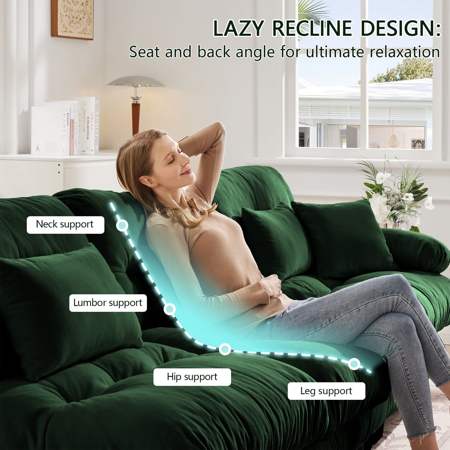NEW Cloud Couch Sleeper Sofa for Living Room, Chenille 2 Seater sofa with 2 Lumbar pillows and 2 throw pillows , Upholstered Wide Arm Sofa with 2 Ottomans,Chenille Green
