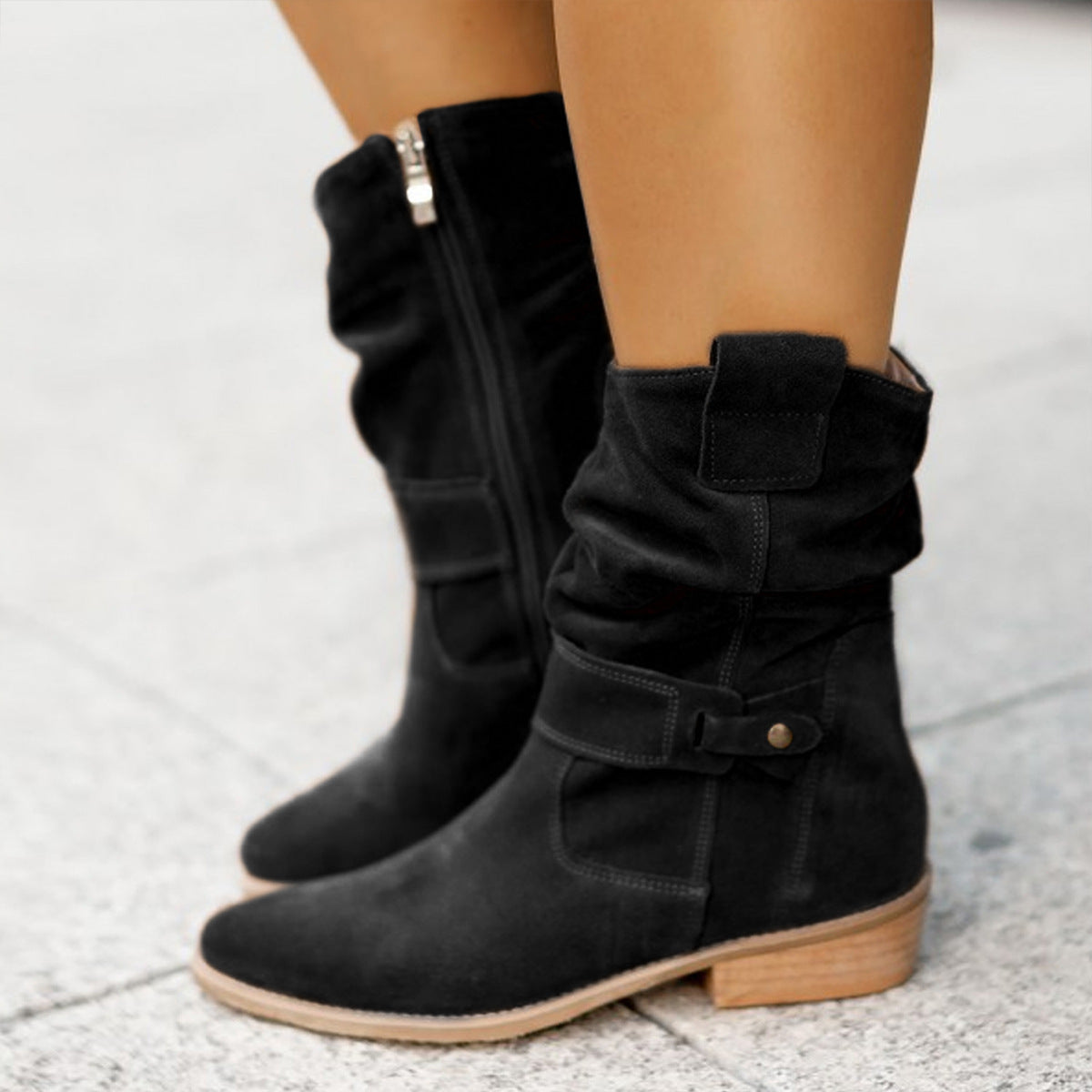 New Ins Pointed Toe Mid-calf Boots Fashion Suede Zipper Western Boot Winter Shoes For Women