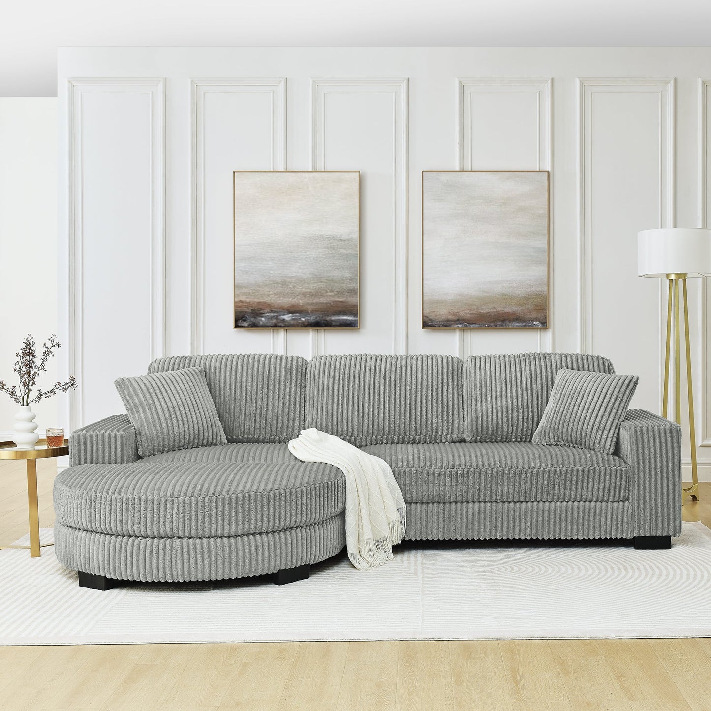 NEW Corduroy Tufted Upholstered Sleeper Sectional L-Shaped Modular Convertible Sofa with Arc-Shaped Footstool