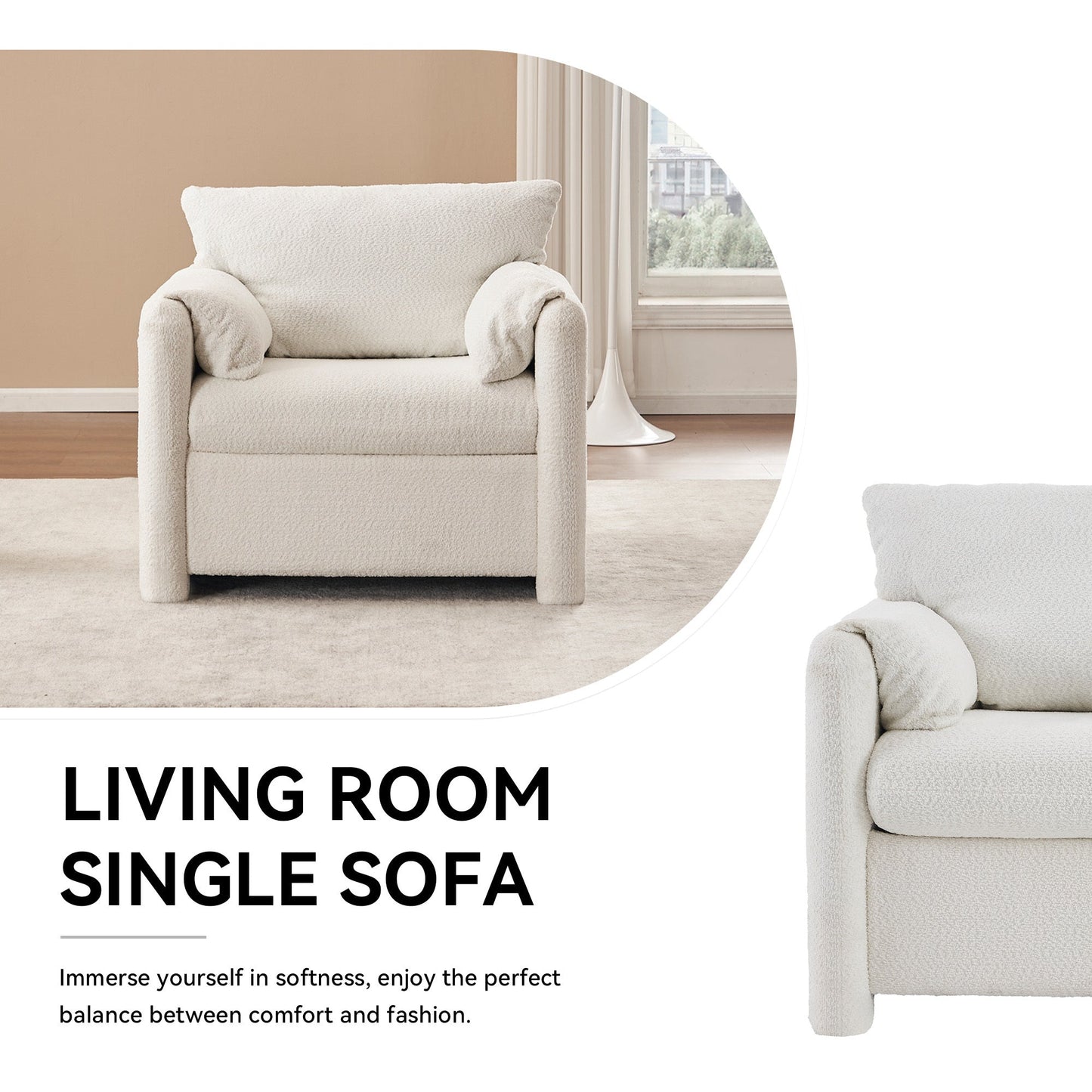 NEW Fixed Modern Ivory White Plush Chenille Lounge Accent Single Seater Armchair Chair with High-Resilience Cushion