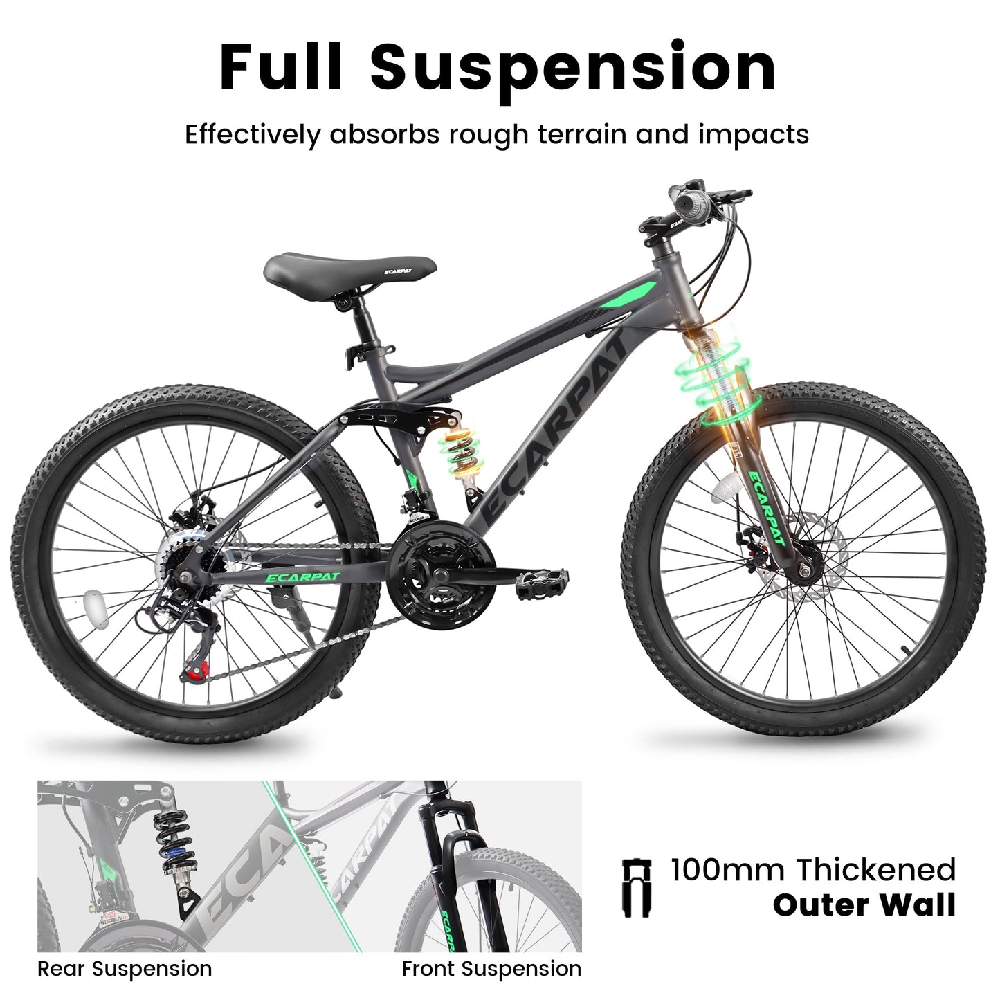 NEW A2460 24 Inch Mountain Bike with Full Suspension, 21 Speed Grip Shifters, High Carbon Steel Frame, Mechanical Disc Brakes, Unisex for Men/Women/ Adults, Ideal for Trails.