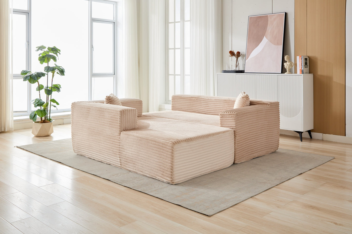 NEW Compression Sectional Couch with Comfy Chaise, Boneless L Shape Sofa with Deep Seat, Minimalist Modular Couches Sleeper for Living Room Bedroom Apartment Lounge,corduroy,Beige