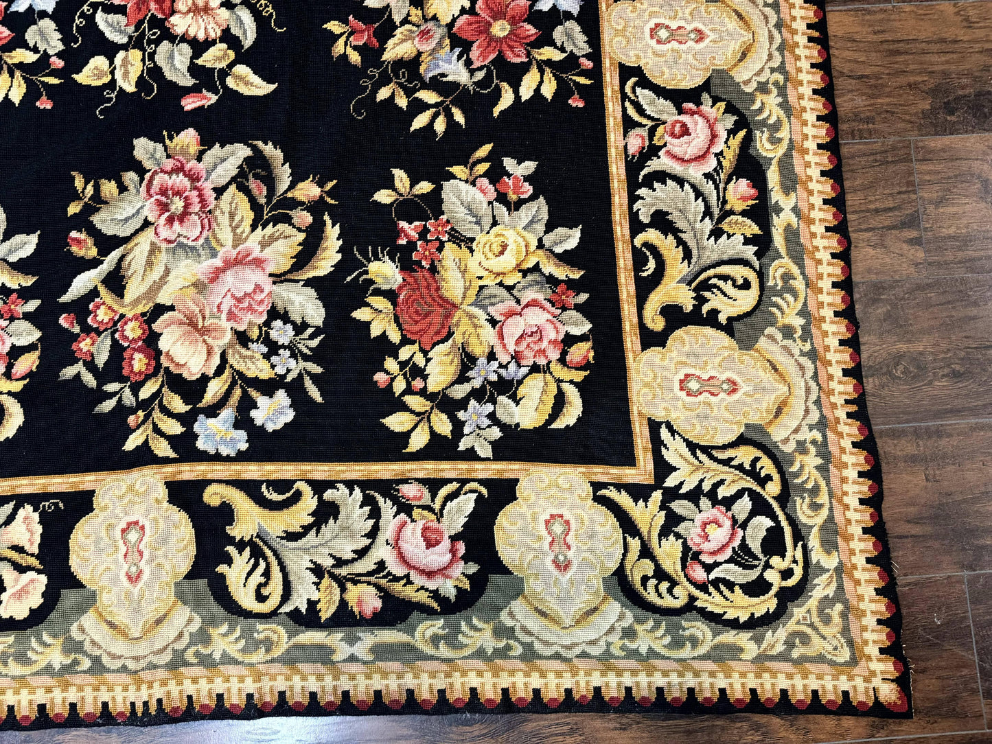 USED Palace Size Needlepoint Rug 12x16, Black and Colorful, Floral Panel, Handmade Oversized Wool Needlepoint Carpet, Rare