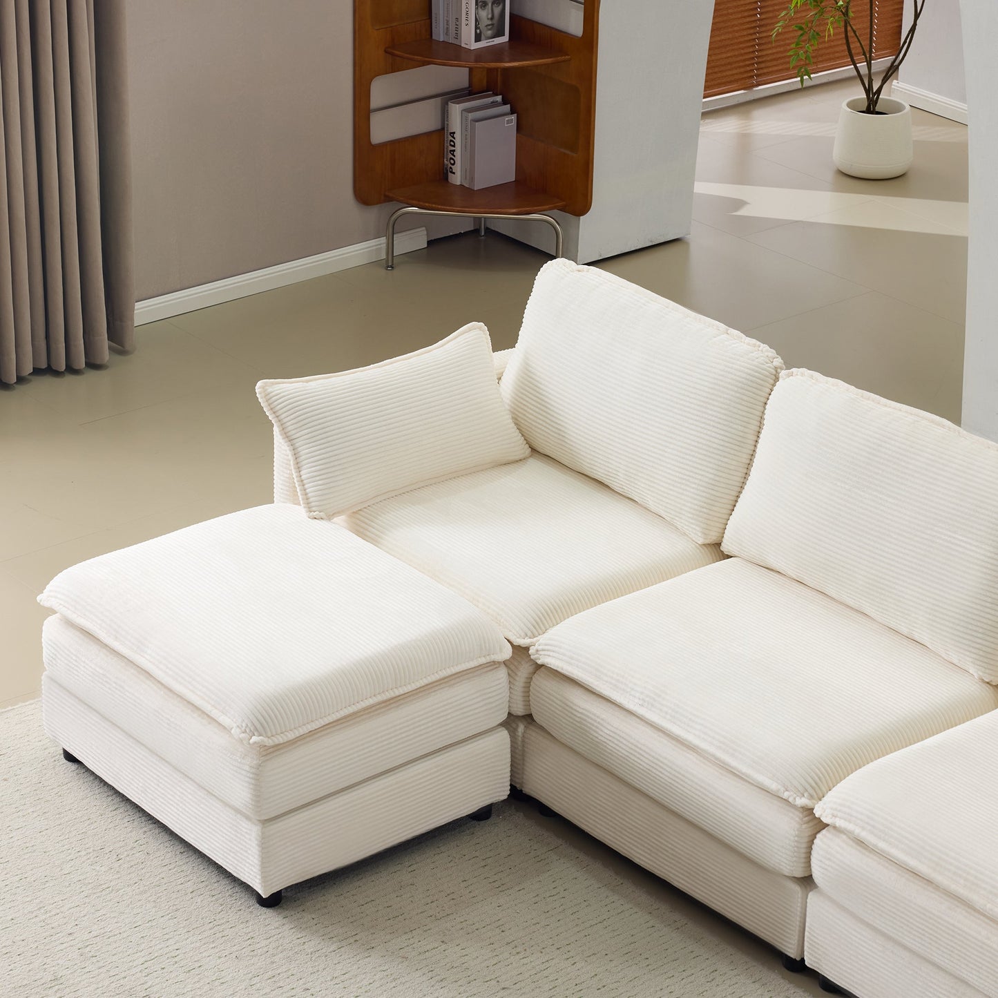 NEW 104' Plush Cloud Beige 3 Seater Modular Sofa + Ottoman with 22' Chenille Cushions and 2 Throw Pillows