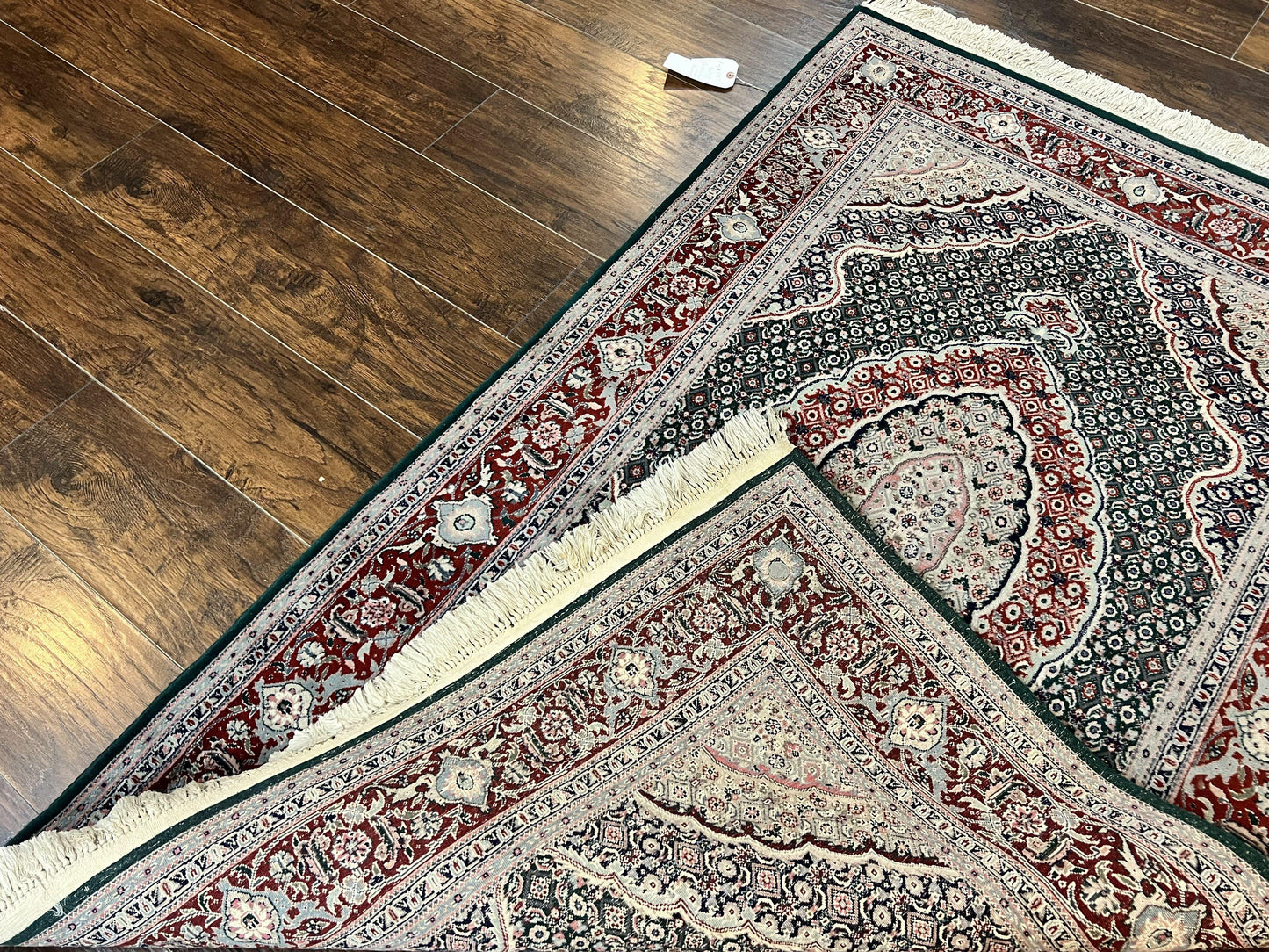 USED Sino Persian Rug 4x6, Wool with Silk Highlights, Fine Hand Knotted Carpet, Green & Maroon Red, Herati Medallion, Vintage Rug