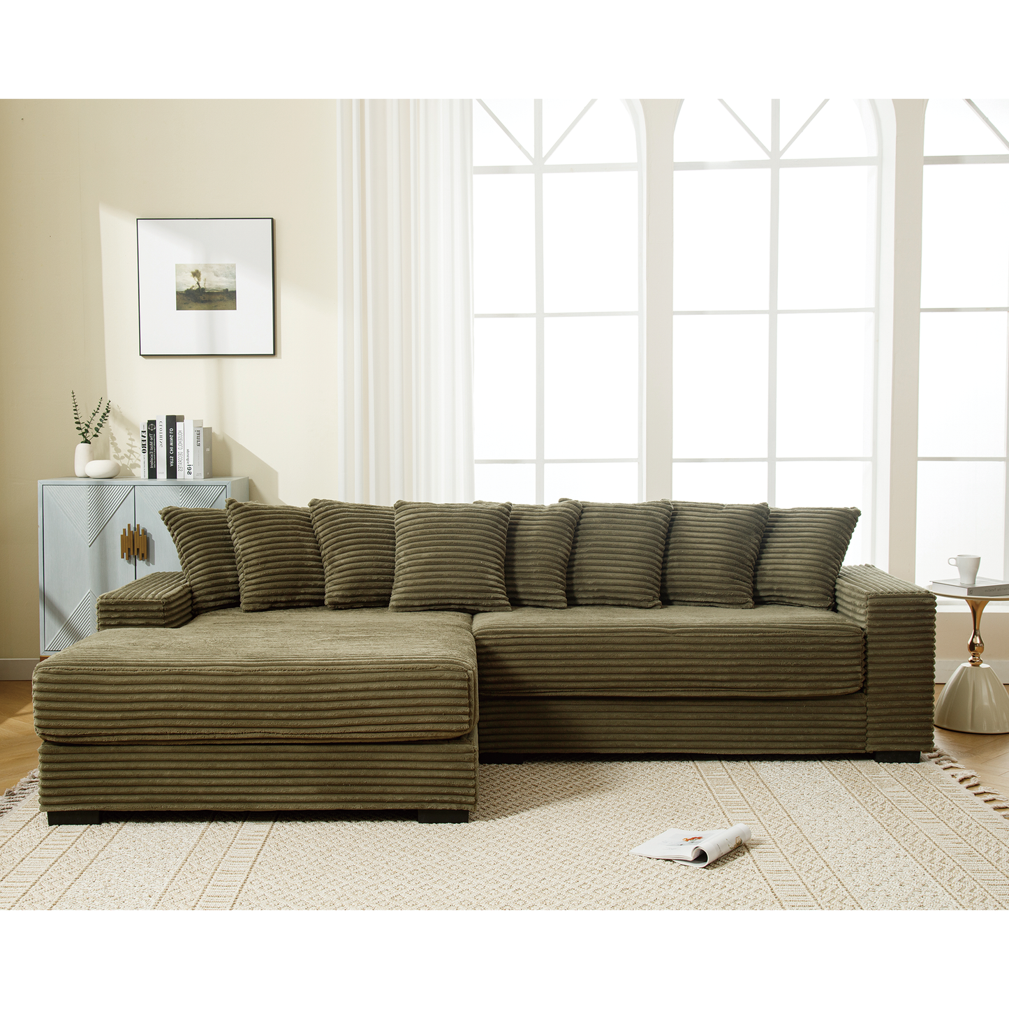 NEW NEW ARRIVED] [VIDEO PROVIDED] Oversized Two-Piece Couches, L Shaped Sofa, Corduroy, Left Chaise Daybed,with Armrests,Eight Throw Pillows,Corner Sofa,Easy To Assemble, Green