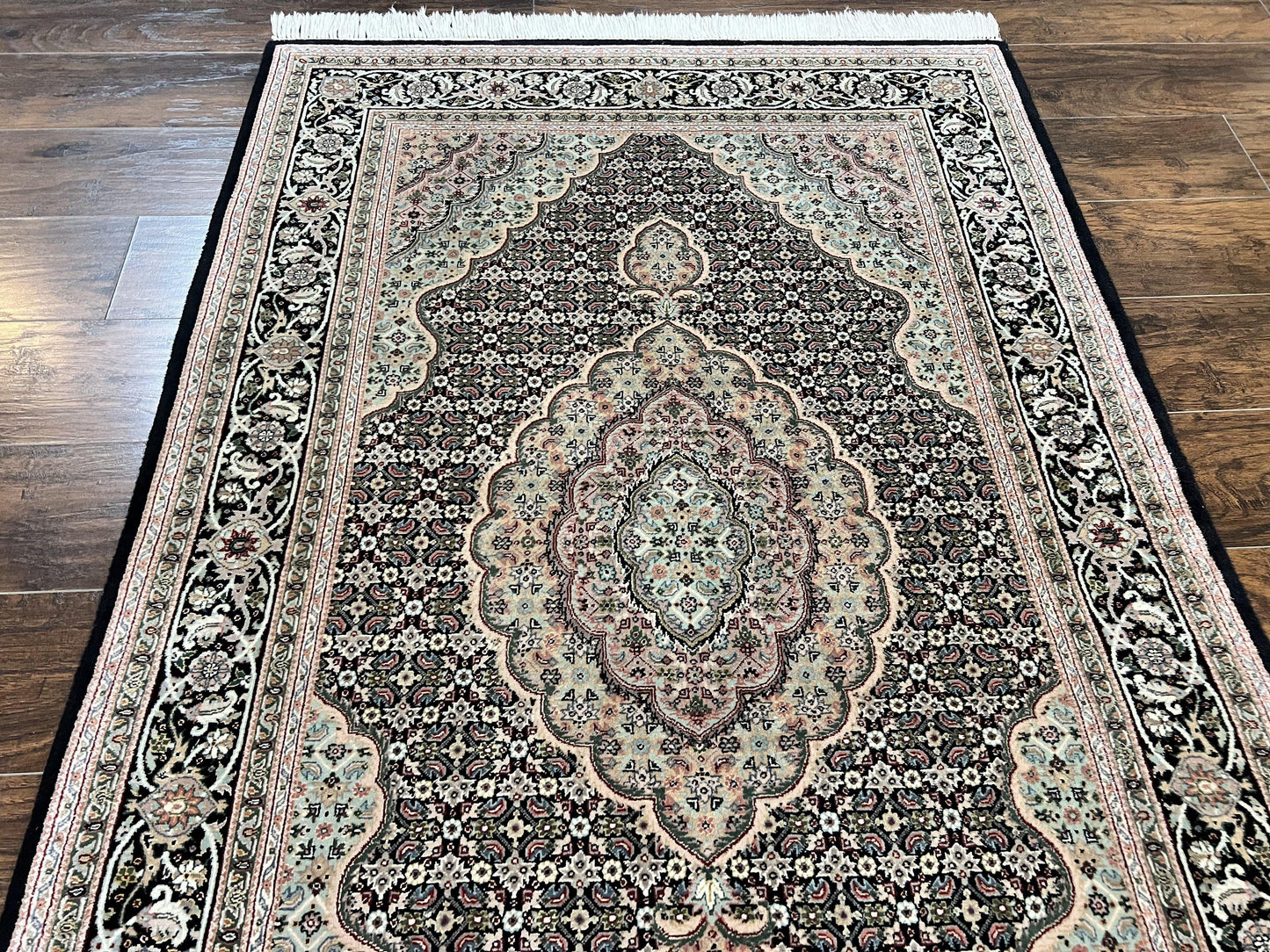 USED Sino Persian Rug 4x6, Fine Hand Knotted Carpet, Black, Wool, Vintage Rug 4 x 6, Herati Mahi, 300 KPSI
