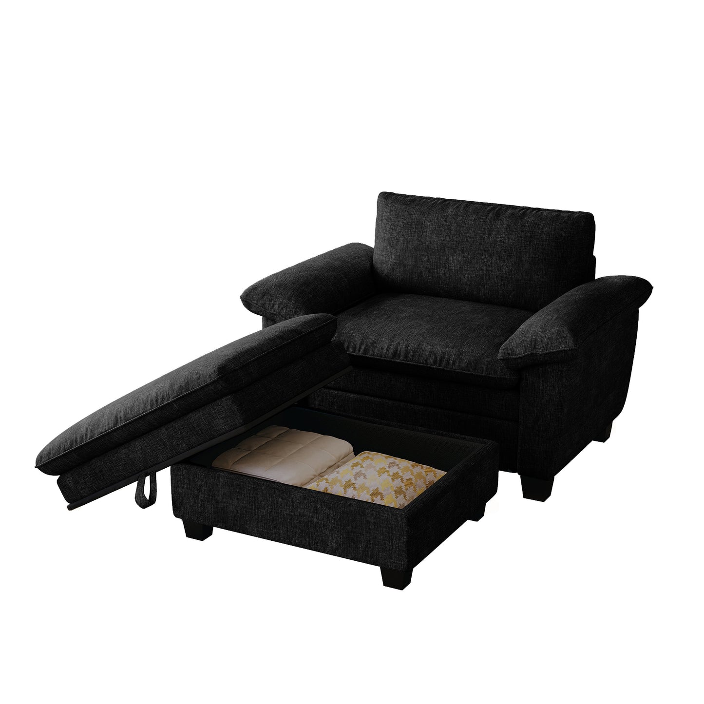 NEW 51' Oversize Chaise Lounge Chair with Ottoman and Storage  Upholstered Soft Chenille Black