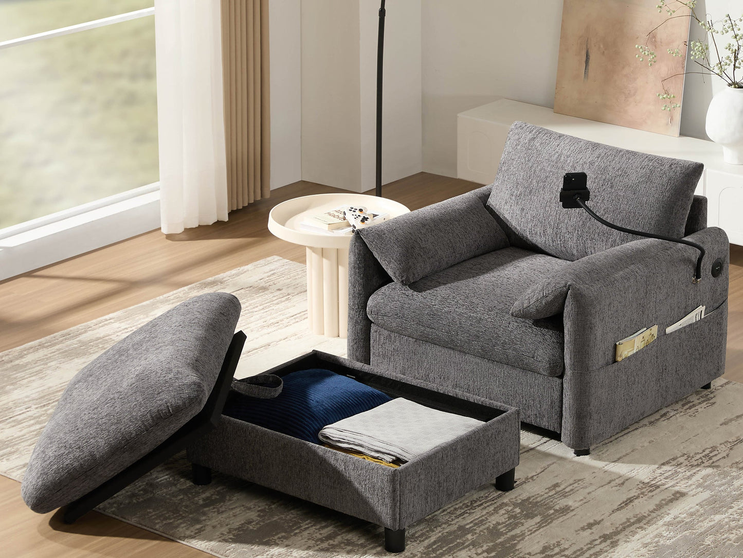 NEW 38' Chenille Single Sofa Wide Seat Chaise Lounge with Storage Ottoman