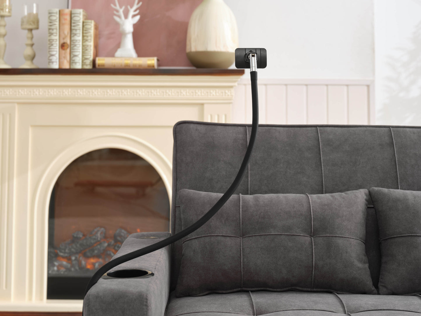 NEW Dark Grey Cloth Fabric 2 Seater Loveseat Recliner Sofa Bed with Adjustable Backrest USB and Cupholders