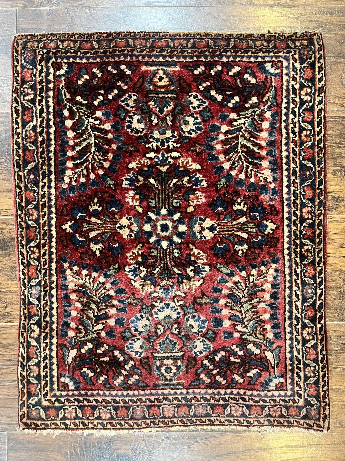 USED Antique Persian Sarouk Rug 2 x 2.5, Small Sarouk Carpet, Red Floral 1920s Red, Fine 170 KPSI, Wool Handmade Rug