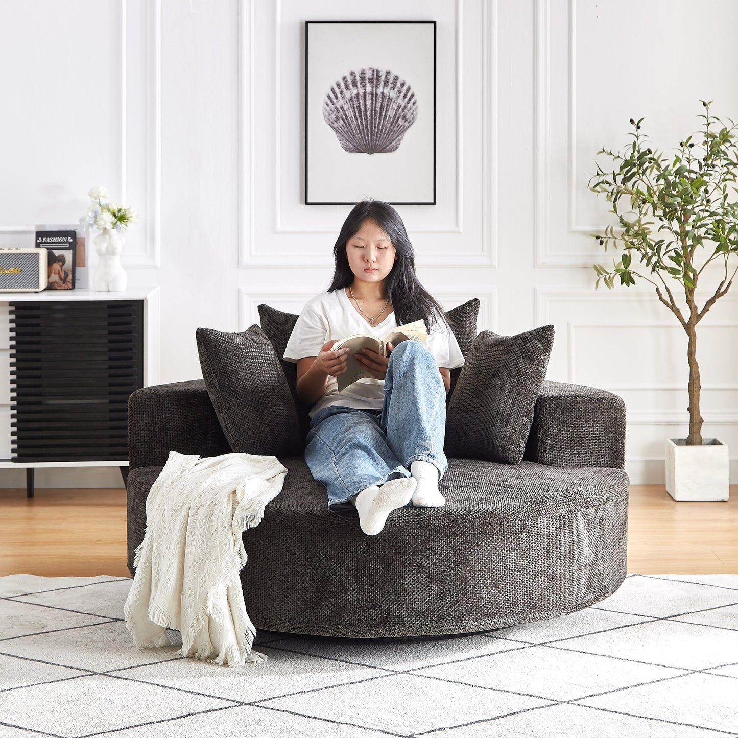 NEW 55''L Chenille Foam Single Swivel Chair, Fluffy Modern Sleeper, 360 Degree Swivel Chair for Living Room, Bedroom, Lounge and Projection Room