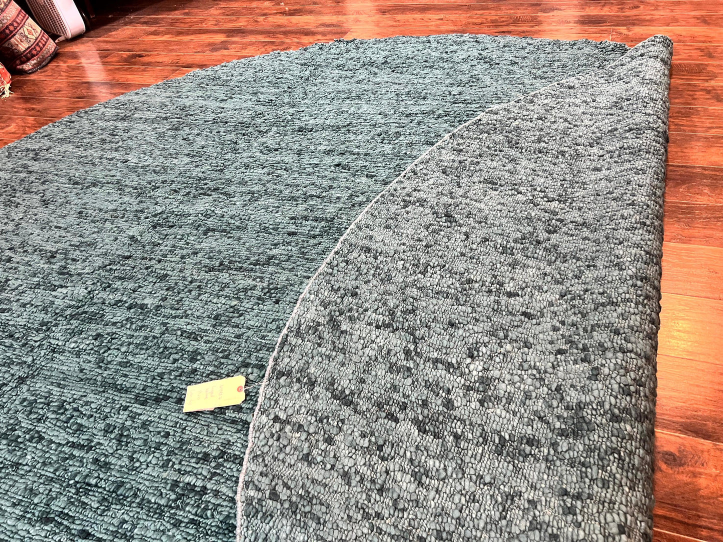 USED Large Round Indian Rug 11x11, Teal, Vintage Handmade Wool Carpet