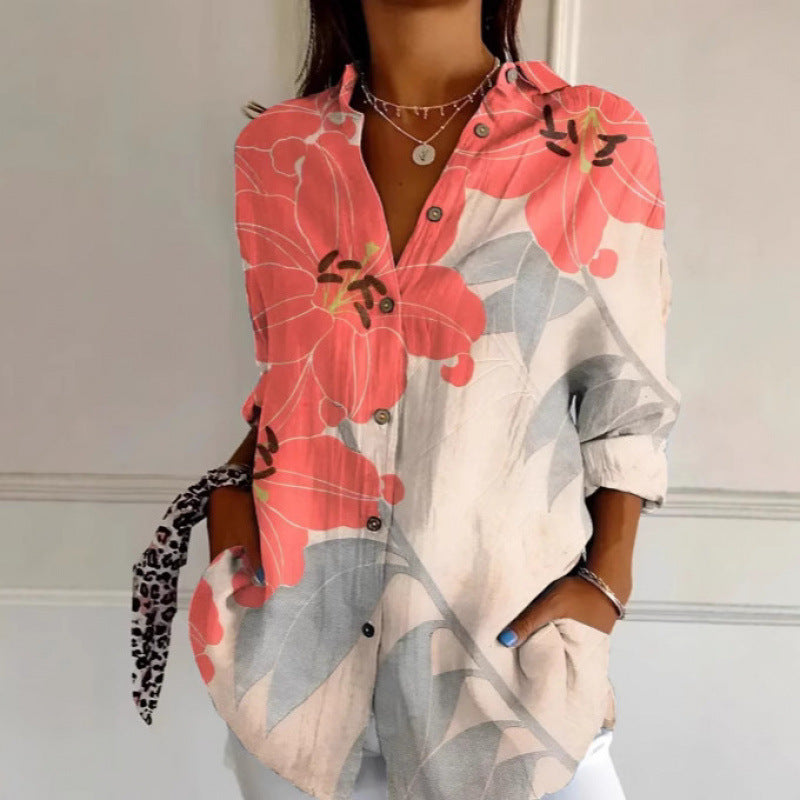 New Floral Print Long-sleeved Shirt Women's Casual Button Tops Clothing