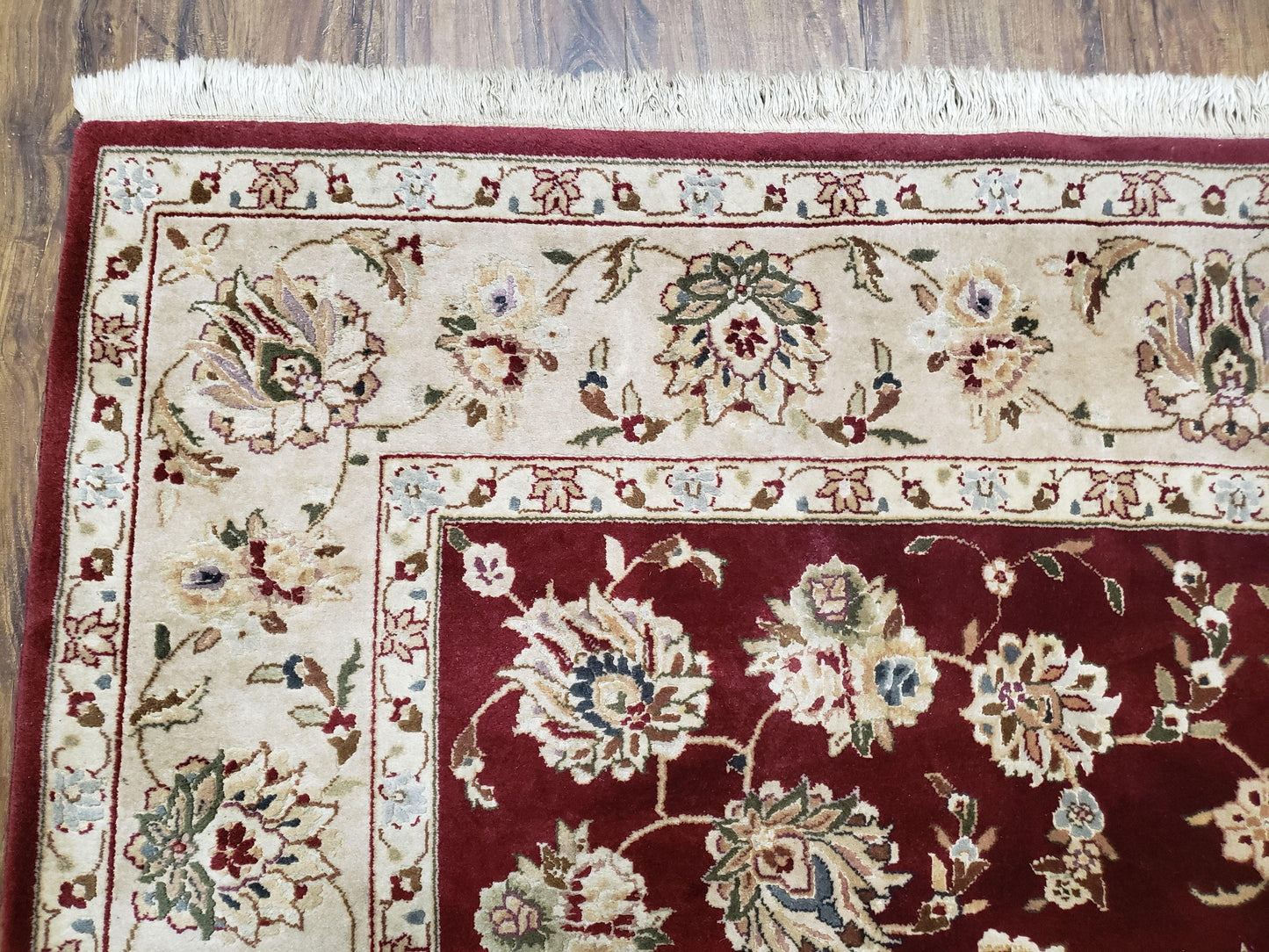 USED Vintage Traditional Oriental Area Rug, Hand-Knotted, Wool & Silk Accents, Maroon Red and Beige, 6x9 Carpet, 5' 9" x 9'
