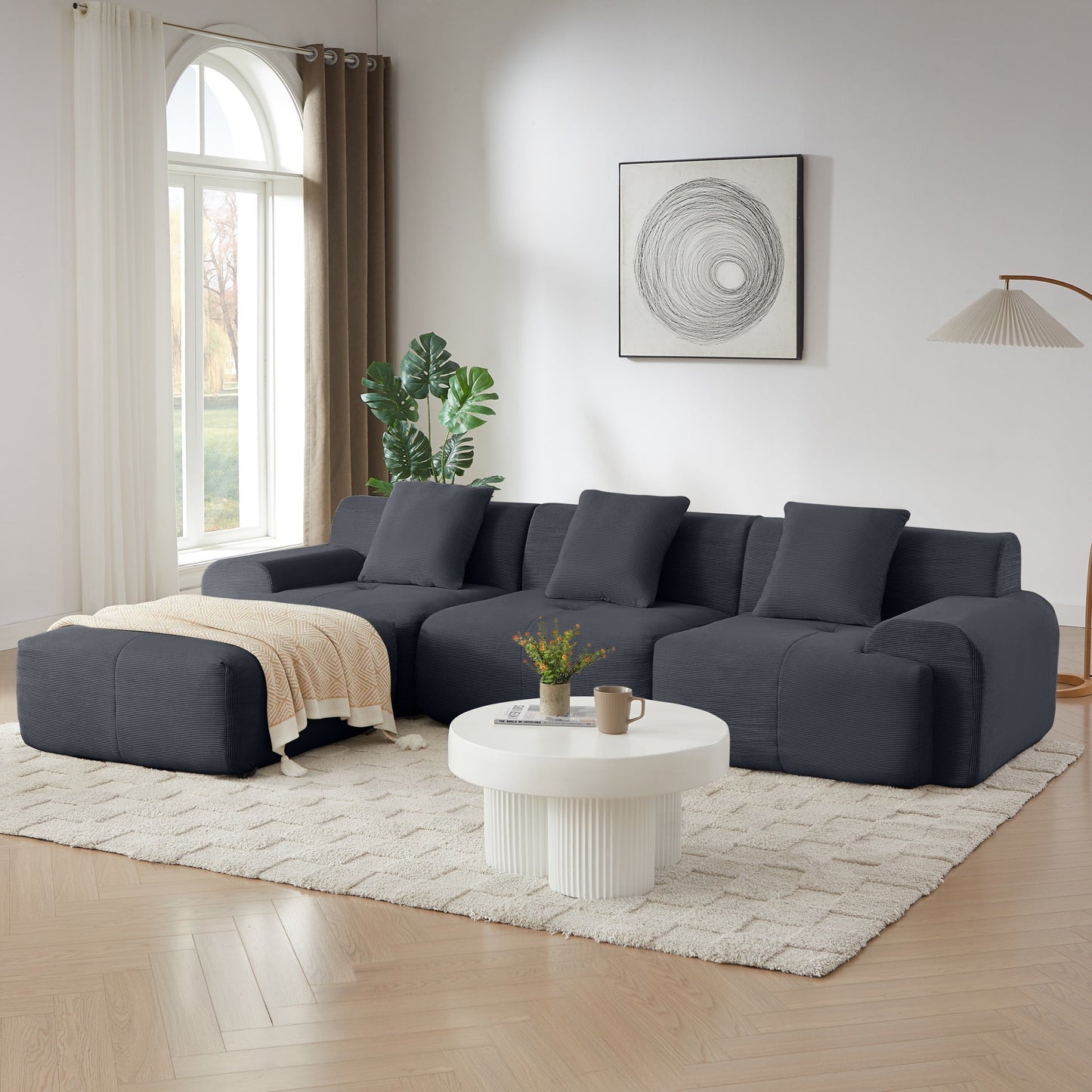 NEW Modern L-Shaped Modular Sectional Sofa with Corduroy Upholstery in Dark Gray, Oversized 3-Seater Couch with Deep Seat and Movable Ottoman – No Assembly Required
