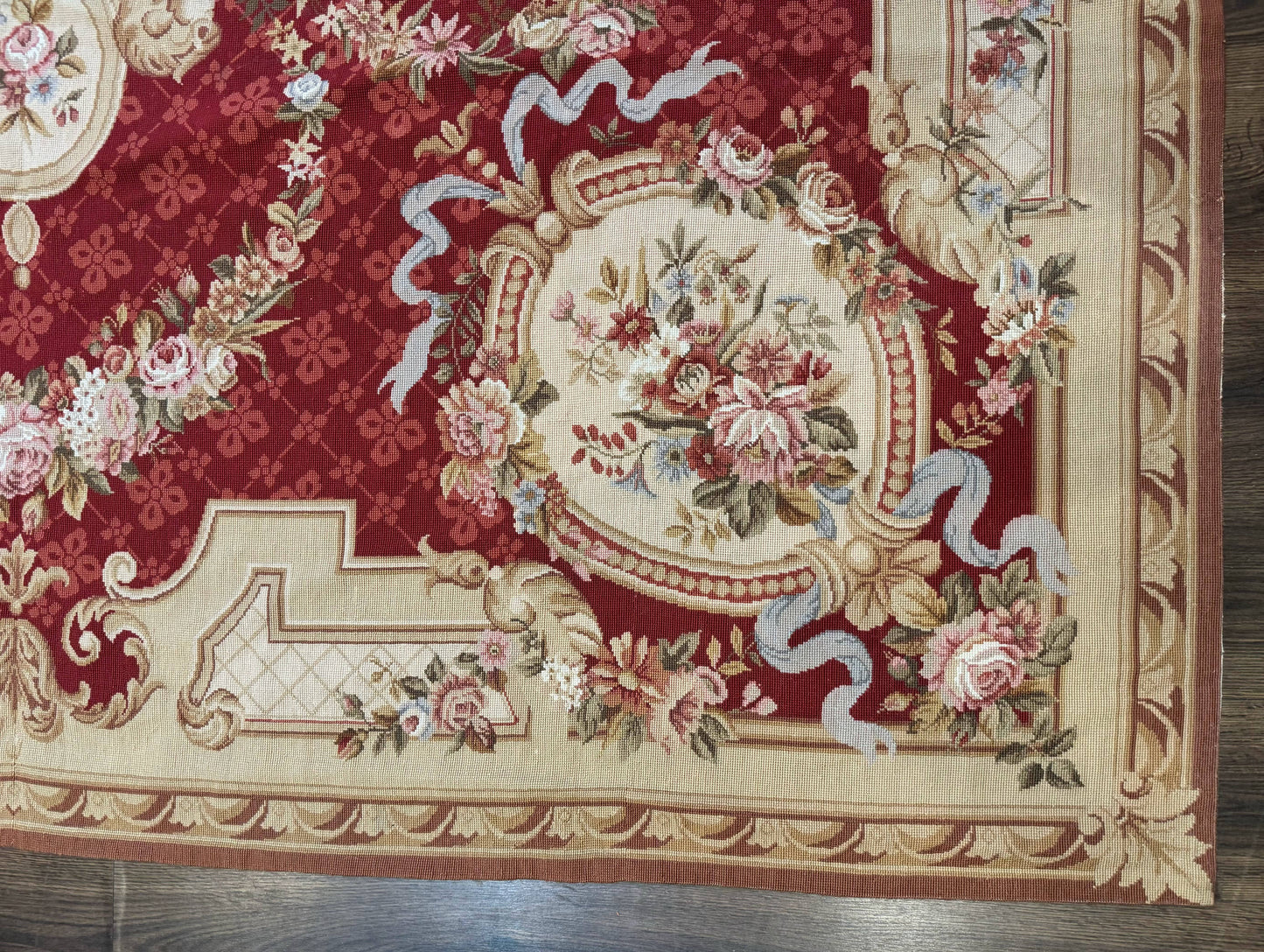 USED Aubusson Rug 8x11, Needlepoint Carpet, Red Ivory Beige, Vintage, French European Design