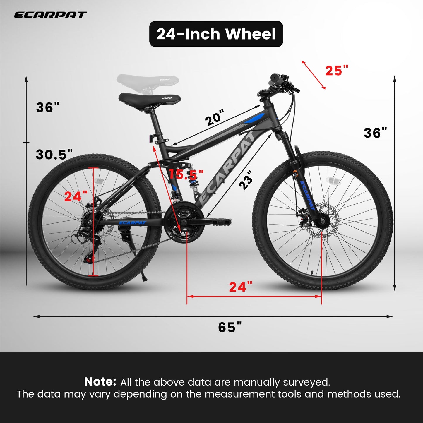 NEW A2460 24 Inch Mountain Bike with Full Suspension, 21 Speed Shifter Lever with Gear Indicator, High Carbon Steel Frame, Mechanical Disc Brakes, Unisex for Men/Women/ Adults, Ideal for Trails.