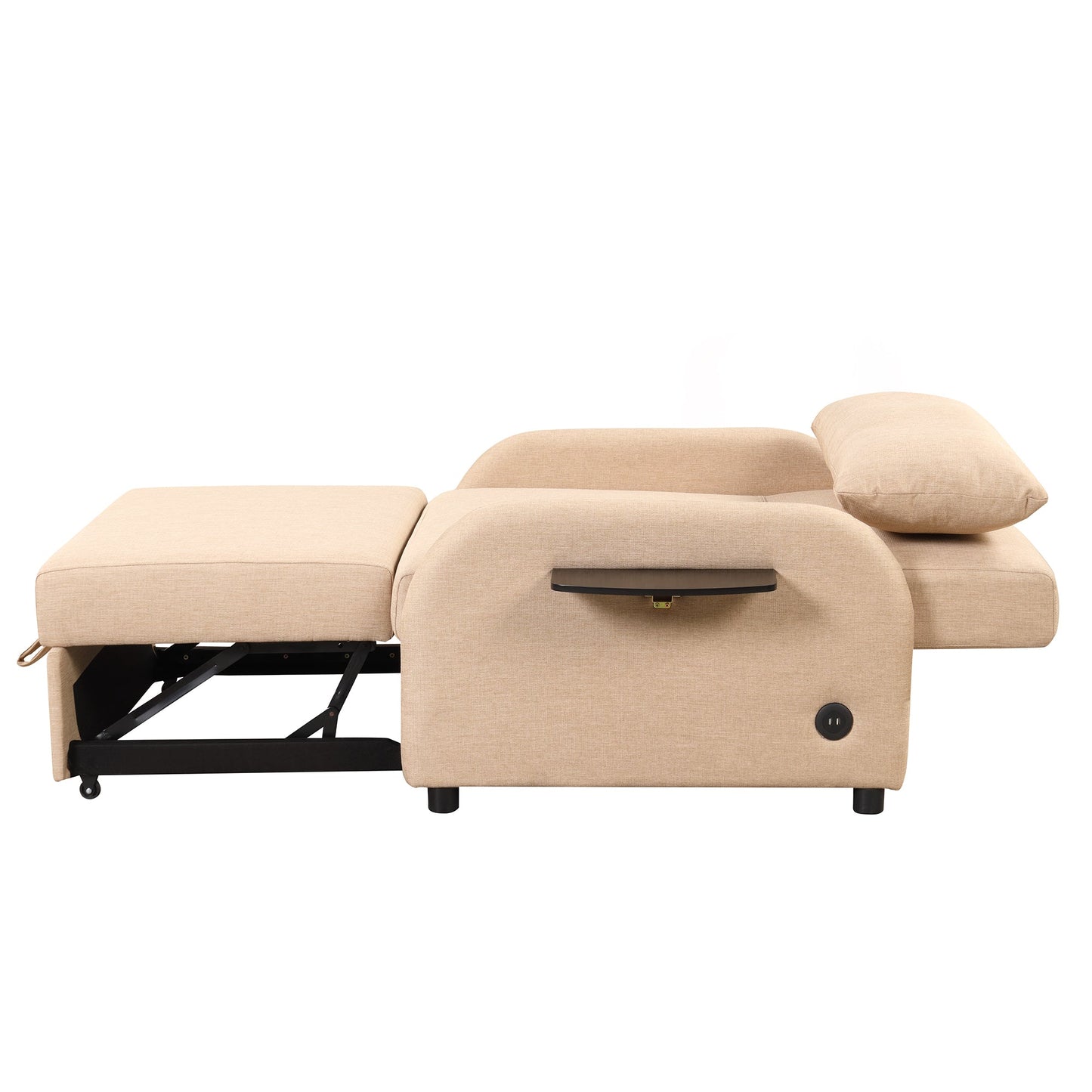 NEW Versatile Pull Out Sofa Sleeper 3 in 1 with Wing Table & USB Charge, Beige Linen, Compact Design