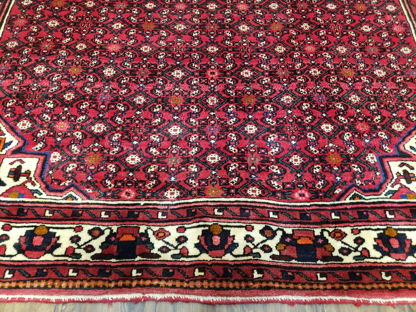 USED Vintage Persian Hamedan Rug 7x10, Angelas Mahi Pattern, Red, Wool, Hand-Knotted