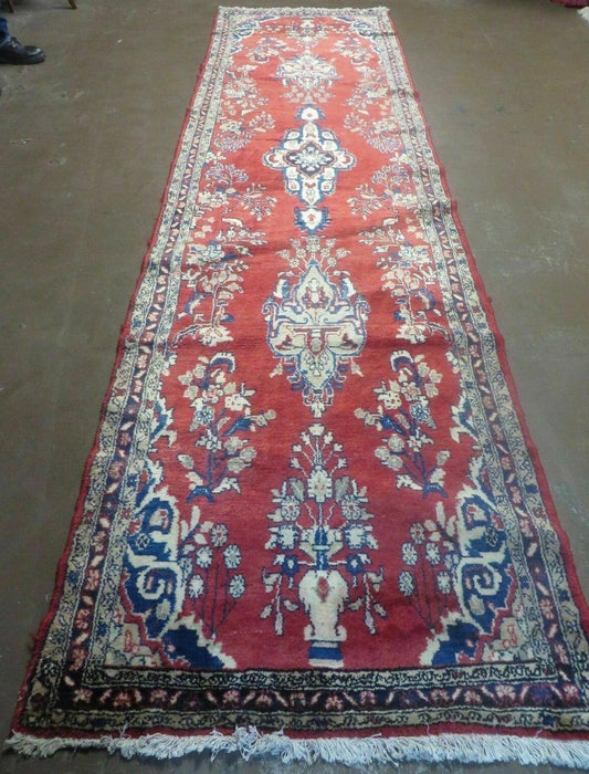 USED Persian Runner Rug 3 x 12, Antique Wool Oriental Runner, Floral Vases, Red & Navy Blue