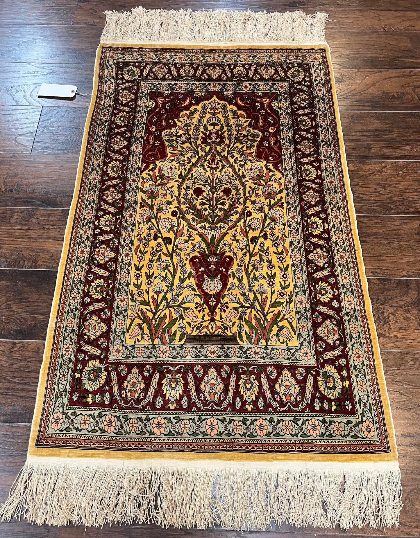 USED Wonderful Silk Turkish Hereke Prayer Rug 2.8 x 4.5, Tree of Life Design, Signature from Master Weaver, Gold and Burgundy, Handmade, 625 KPSI