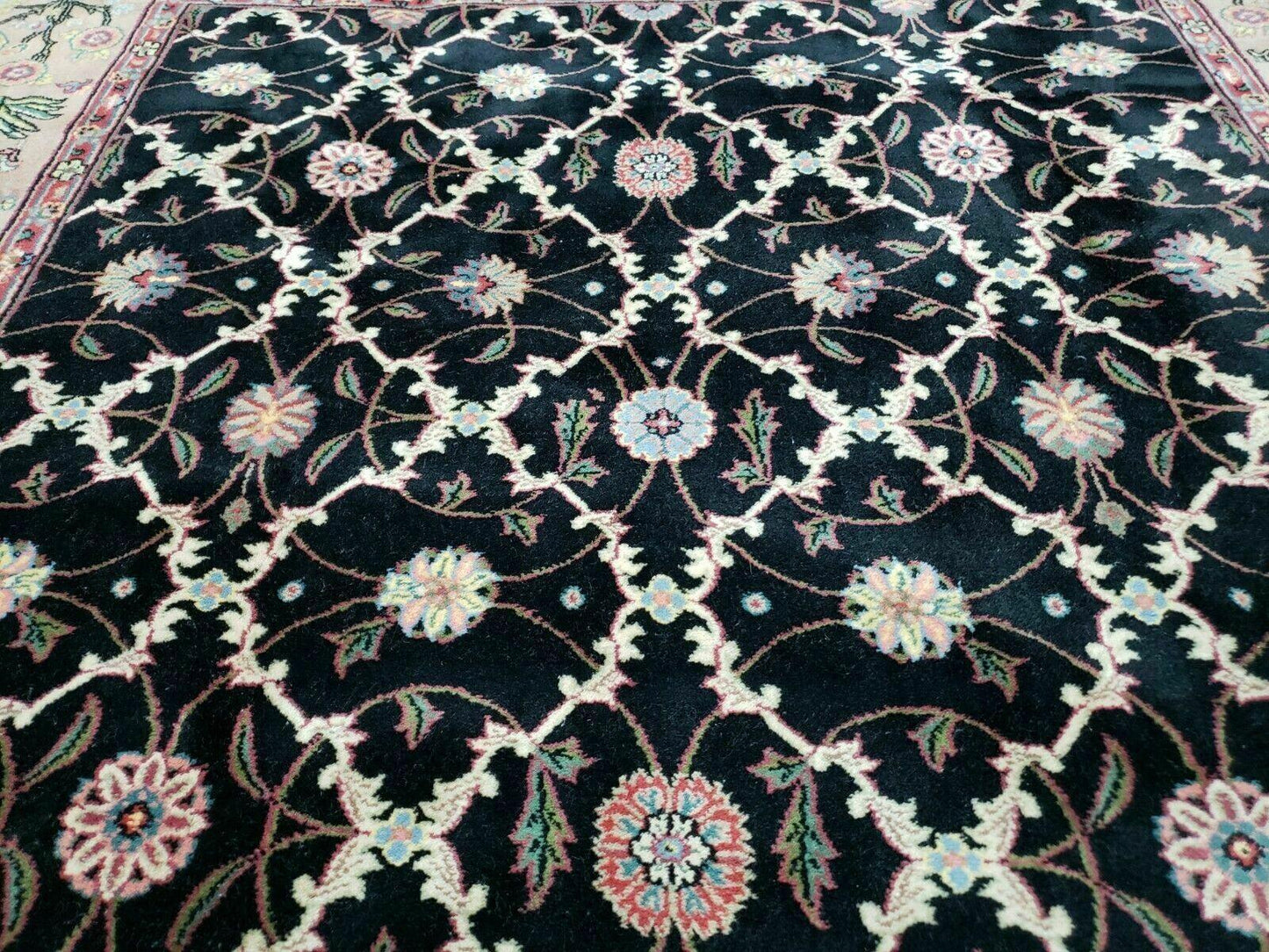USED 6' X 9' Handmade India Floral Oriental Wool Rug Carpet Hand Knotted Nice Black
