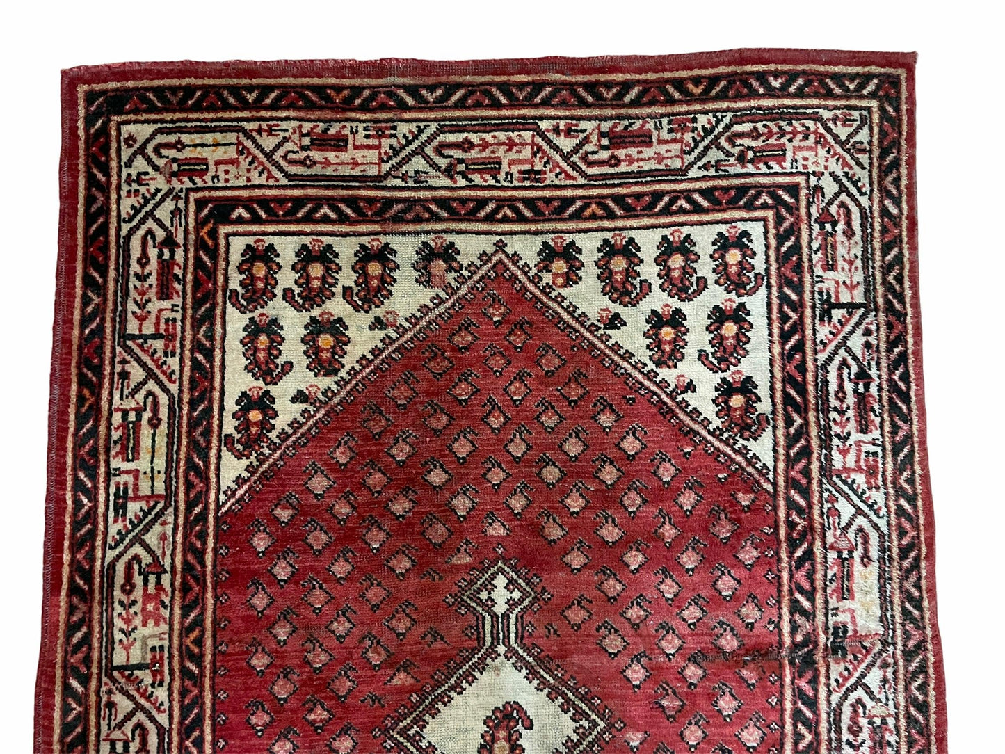 USED 4 X 6.5 Antique Handmade Wool Rug Paisley Boteh Design Tribal Rug Red Ivory
