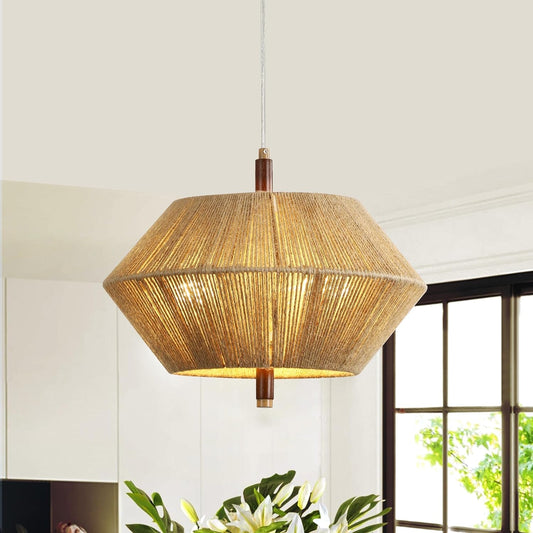 NEW Handwoven Cotton Rope Shade Chandelier With Oak Frame