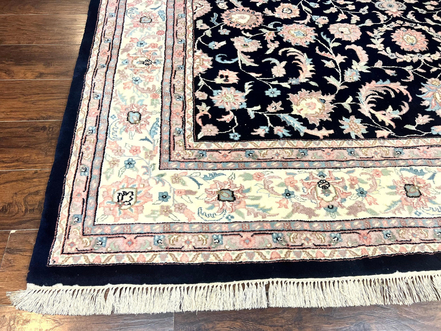 USED Indo Persian Rug 9x12, Navy Blue and Ivory/Cream, Floral Allover, Wool Vintage Handmade Carpet