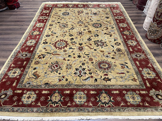 USED Indo Persian Mahal Rug 8x12, Wool Hand Knotted Oriental Carpet, Light Gold and Burgundy, Floral Allover, Vintage Room Sized Area Rug 8 x 12
