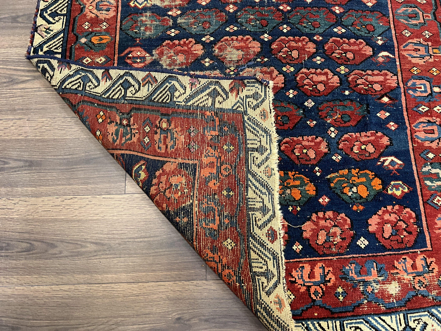 USED Antique Seychour Rug 4x7, Collectible Kuba Caucasian Carpet, Wool Handmade, Red Navy Blue Cream, Repeated Allover Motif, Early 20th Century