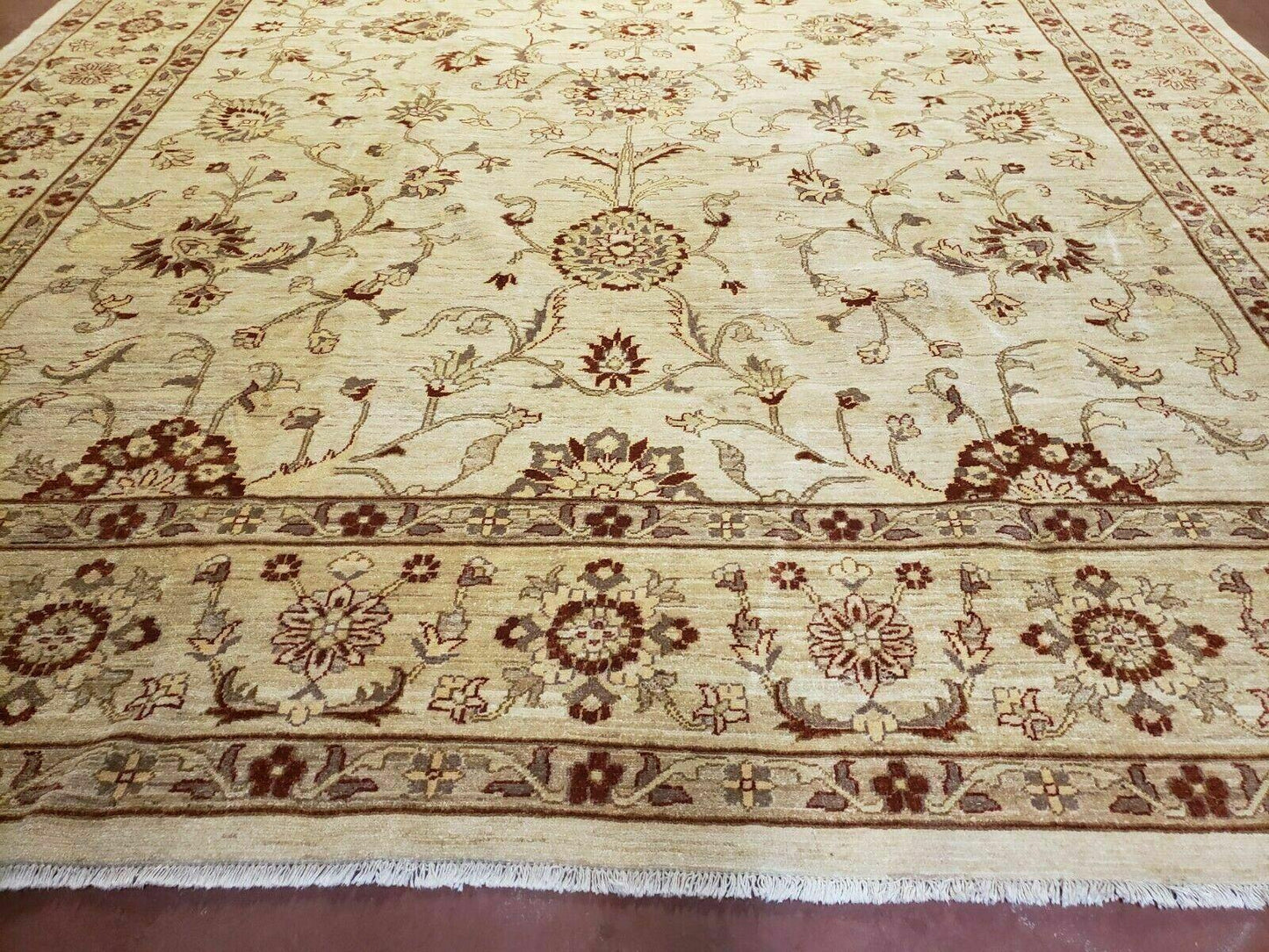 USED Oushak Rug 10x14 Neutral Colors Handmade Peshawar Wool Carpet Oatmeal Beige