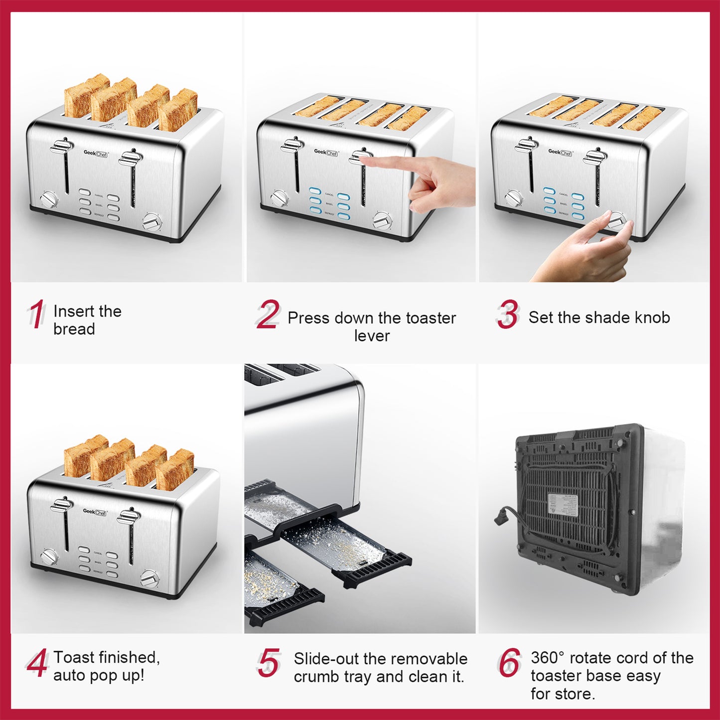NEW 4 Slice Geek Chef Stainless Steel Extra-Wide Slot Dual Control Defrost Toaster