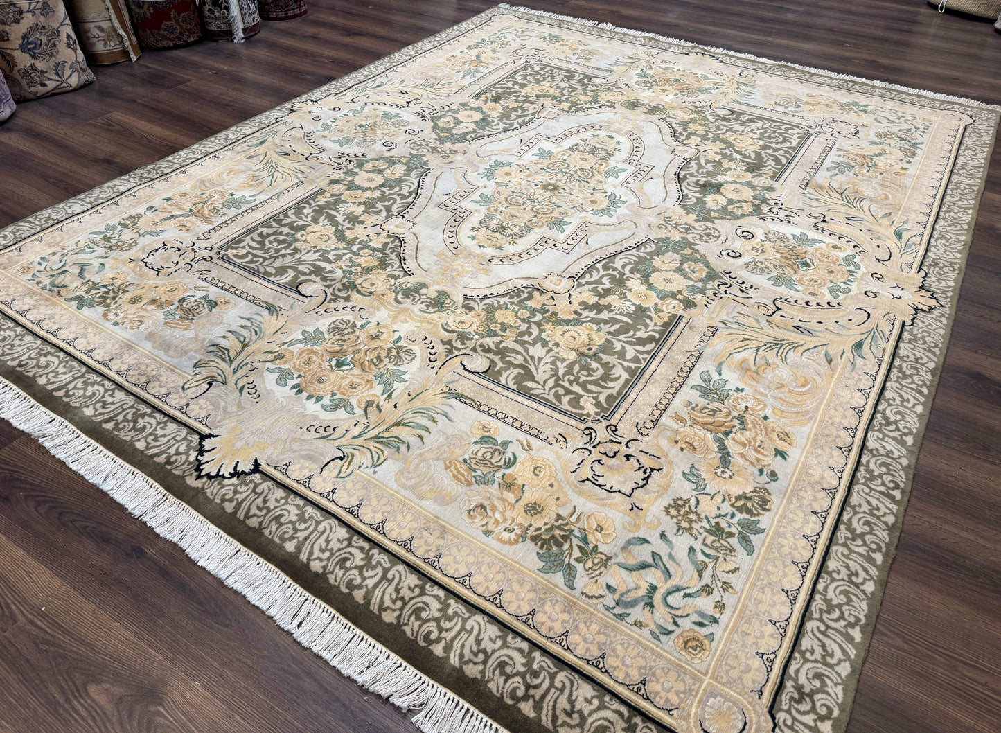 USED Aubusson Rug 8x10, Very Fine 225 KPSI, Floral, French European Design, Pakistani Carpet