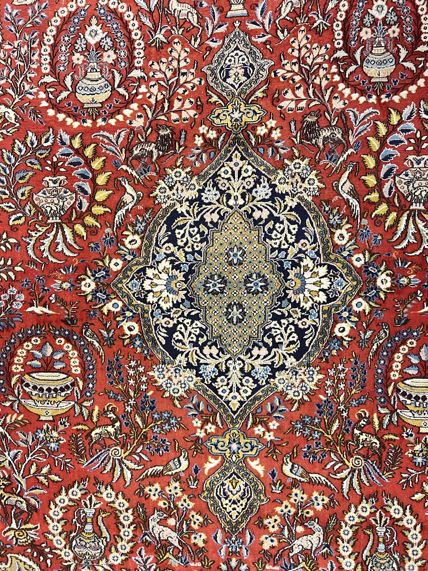 USED Wonderful Persian Qum Rug 10x14, Wool w/ Silk Highlights, Hand Knotted Semi Antique Vintage Carpet, Red, Floral, Fine Weave, Birds Deer Pictorials