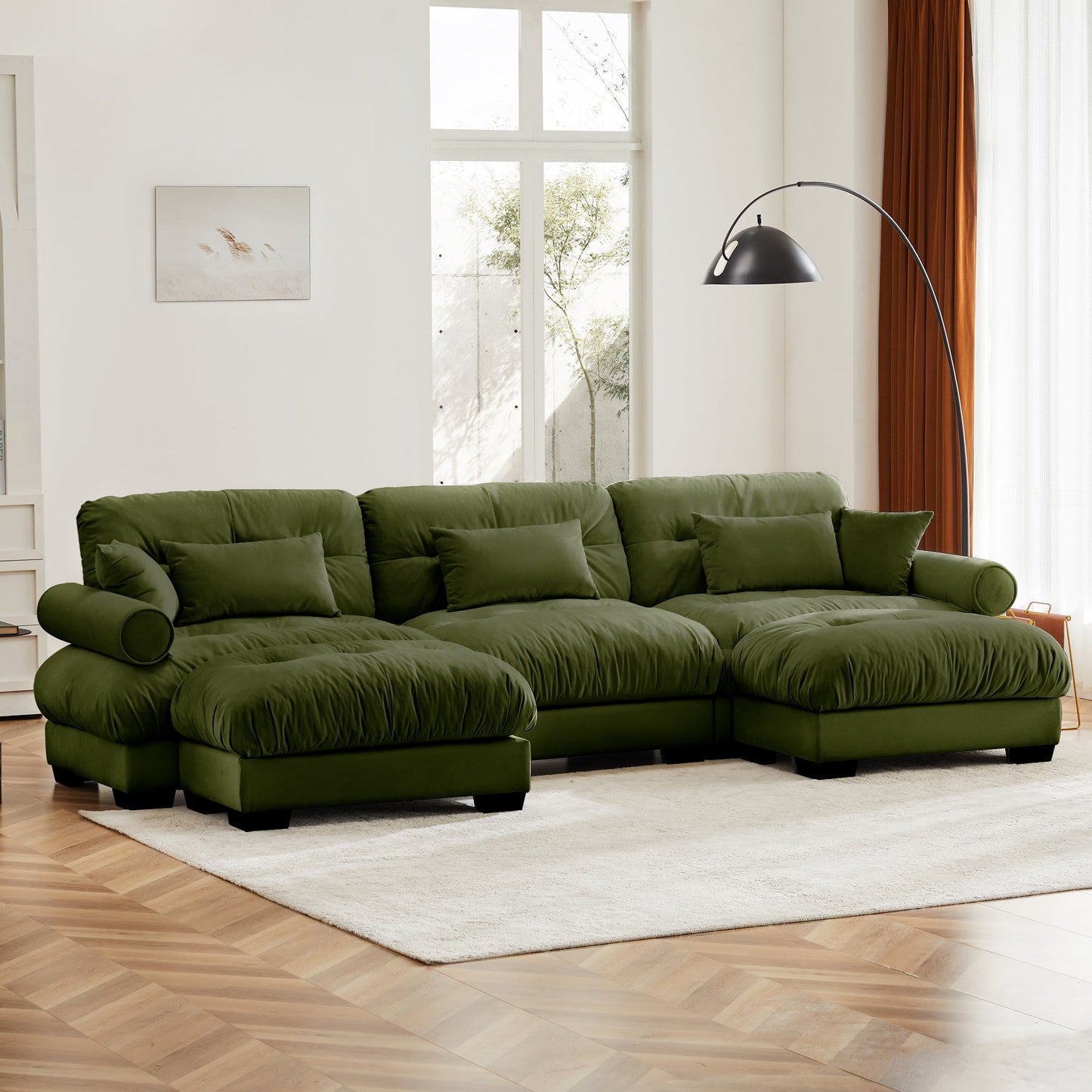NEW Olive Green Velvet Upholstered U Shape Modular Sectional Sofa Couch with Movable Ottomans