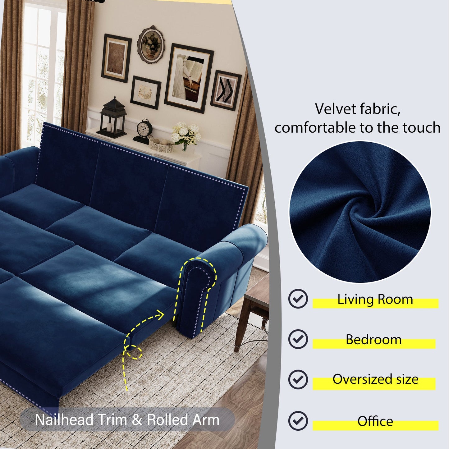 NEW 93.7 ' King Pull Out Sofa Bed, Chesterfield Sofa, 3-in-1 Velvet Convertible Sleeper Sofa with Nailhead Trim & Rolled Arm, Multi-Functional Sofa Bed for Living Room, Bedroom, Apartment, Office, Blue