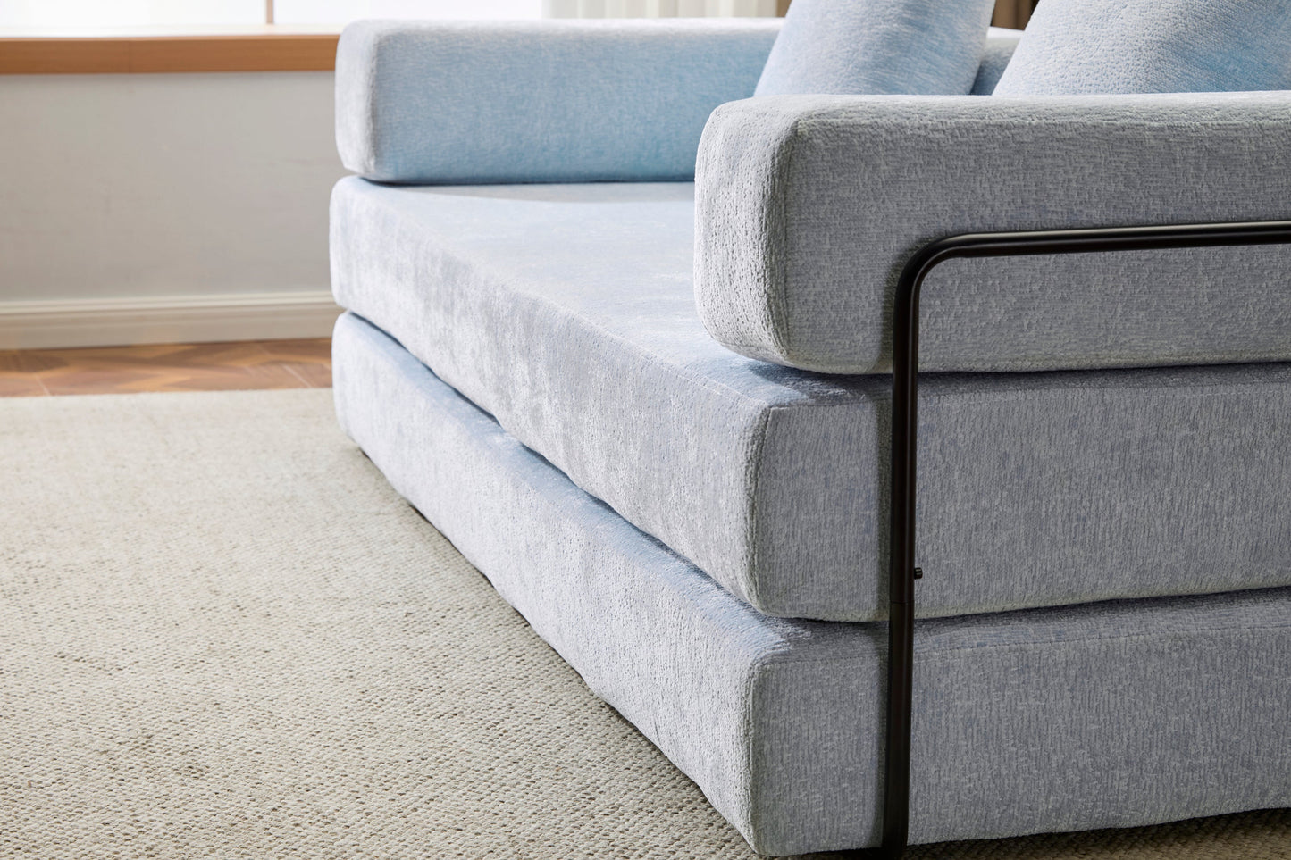 NEW Light Blue Chenille Fabric Floor Couch Compression Convertible Sofa Bed with Pillow Back Support Armrest Comfy Futon Couch Lounge Sleeper Bed