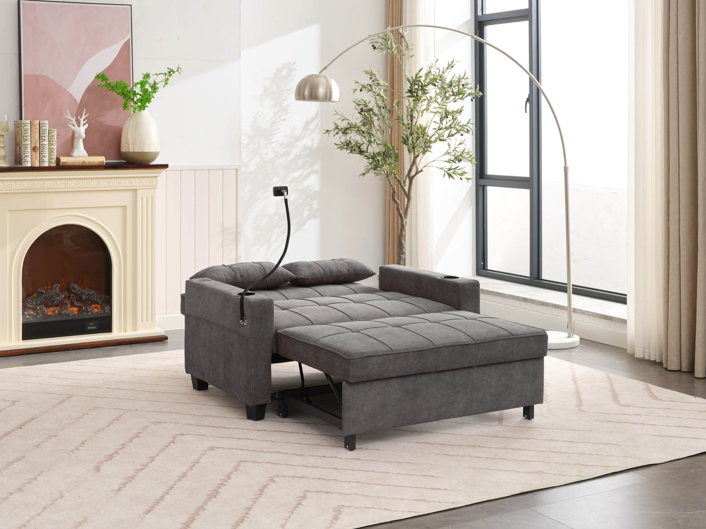 NEW Dark Grey Cloth Fabric 2 Seater Loveseat Recliner Sofa Bed with Adjustable Backrest USB and Cupholders