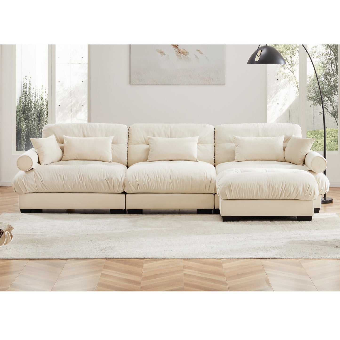 NEW Cream Super Comfort Oversized Modular Velvet Sectional Sofa Couch with Movable Ottoman
