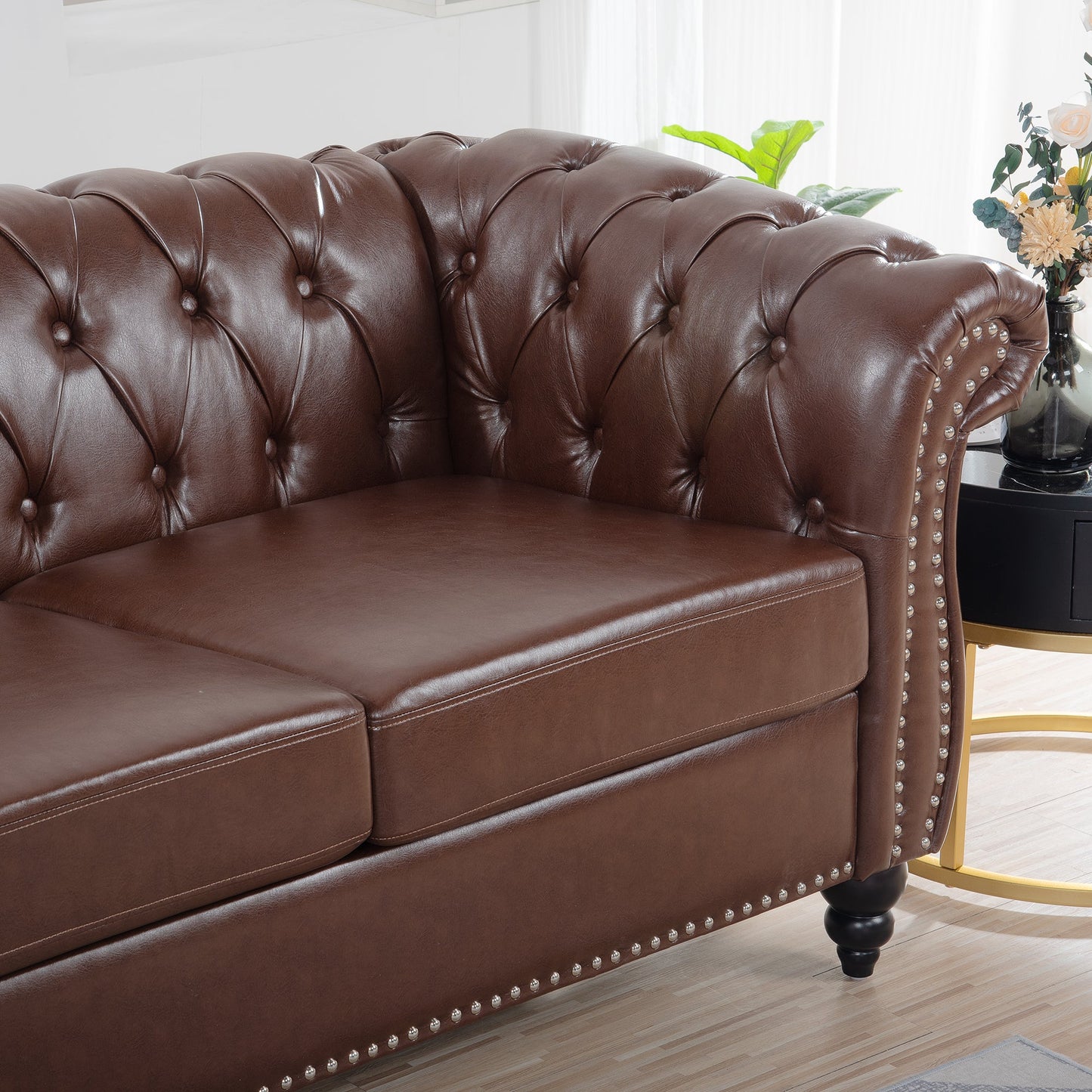 NEW Dark Brown PU Rolled Arm Chesterfield Three Seater Sofa