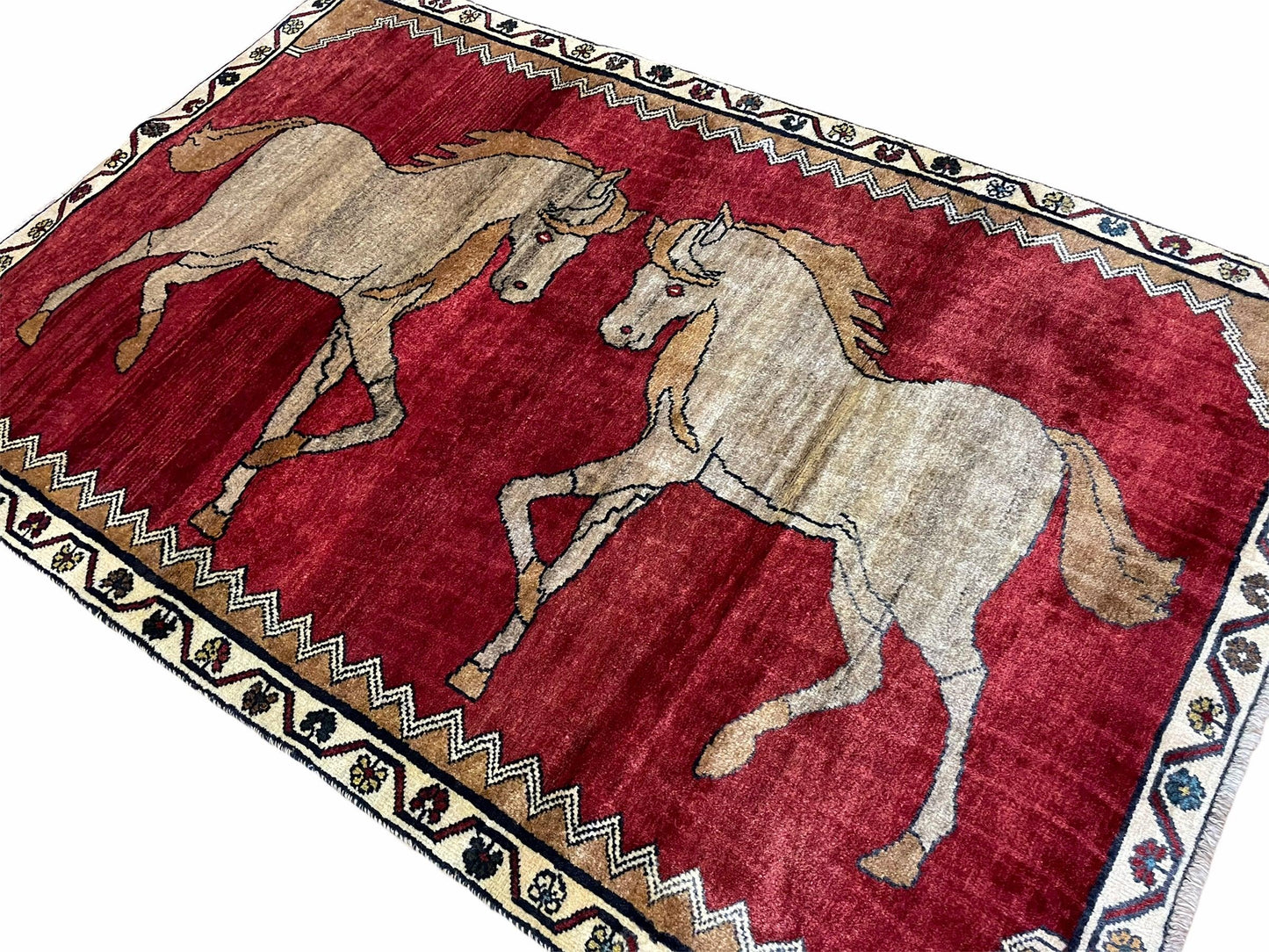 USED 4 X 6 Handmade Hand-Knotted New Vintage Rug Wool Horses Red Organic Dyes Tribal