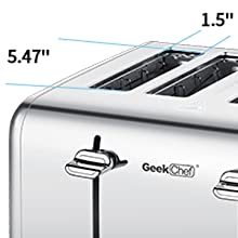NEW 4 Slice Geek Chef Stainless Steel Extra-Wide Slot Dual Control Defrost Toaster