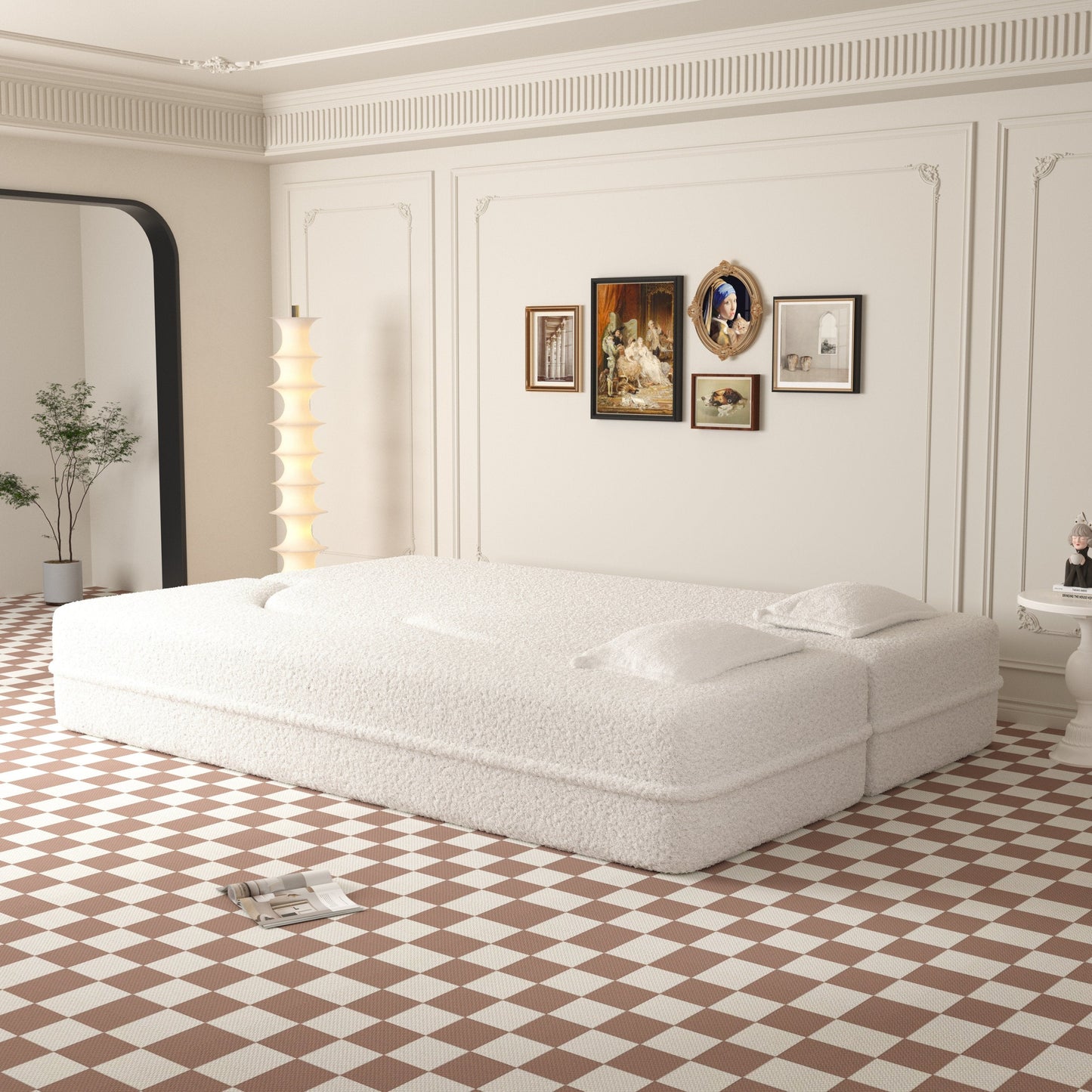 NEW Modern Floor Sofa with 2 Pillows,Convertible Teddy Fabric Foam Filled Sleeper Sofa Bed,15 ' Full Size Folding Mattress for Living Room,Guest Bed,Playroom,no assembly required,Beige