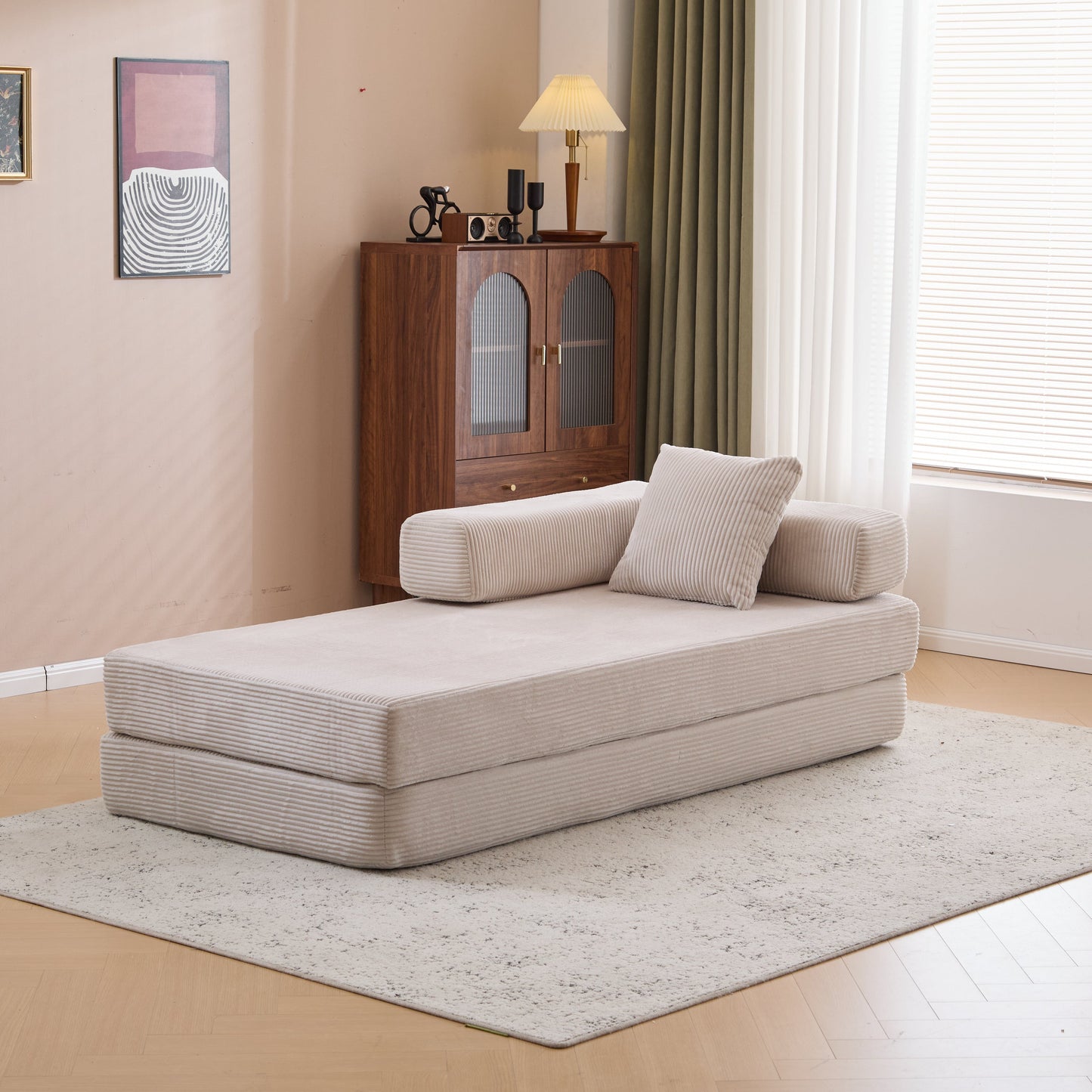 NEW Floor Compression Convertible Comfy Futon Lounge Sleeper Bed Floor Couch Sofa Bed with Pillow Back Support Armrest in Light Gray Corduroy Fabric