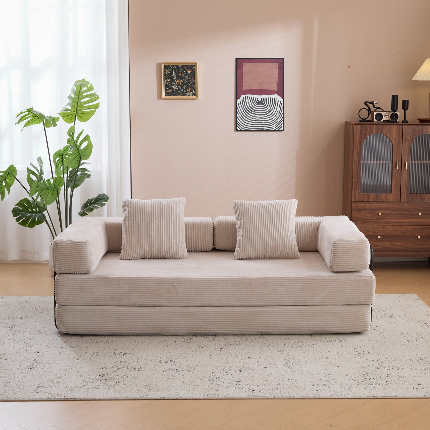 NEW Floor Compression Convertible Comfy Futon Lounge Sleeper Bed Floor Couch Sofa Bed with Pillow Back Support Armrest in Light Gray Corduroy Fabric