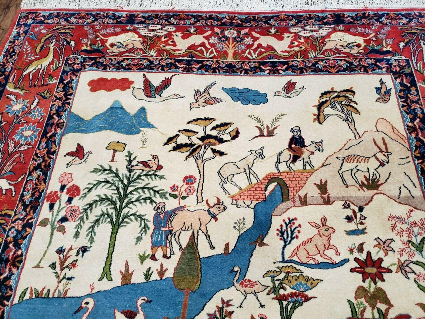 USED Antique Persian Isfahan Rug 5x7, Animal and Human Pictorials, Hand Knotted Fine Oriental Wool Carpet, Cream and Red, High KPSI, Vintage Rug 5 x 7 ft
